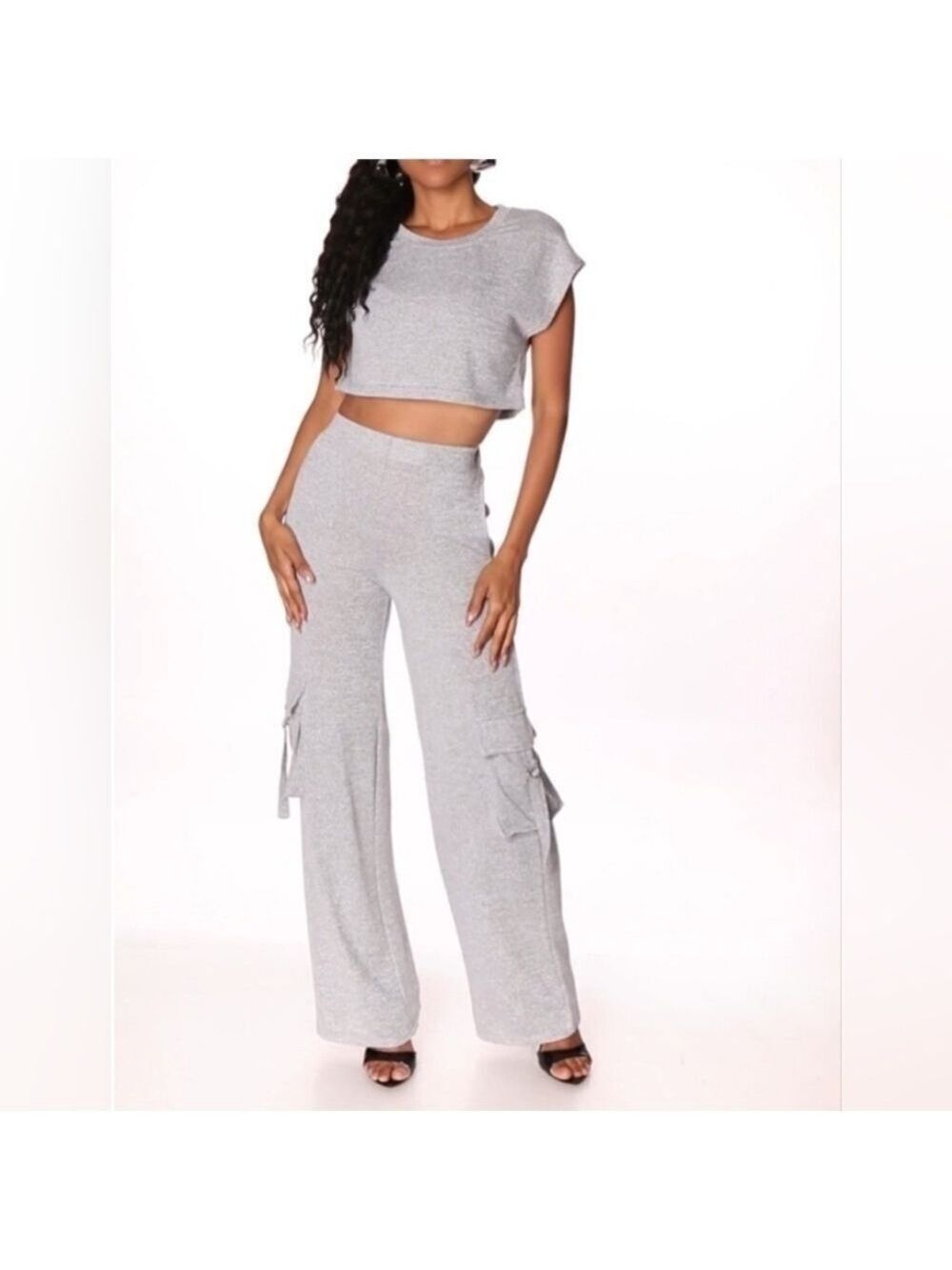 Daisy Brushed Knit Two Piece Set Crop Top and Cargo Pants in Heathered Grey NWT